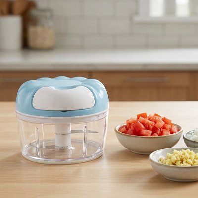 Mini hachoir manuel compacte permettant de traiter de petites quantités d'ingrédients 