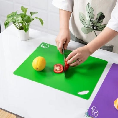 Planche à découper pictogrammes imprimées indiquant le type d'aliment  pour chaque couleur