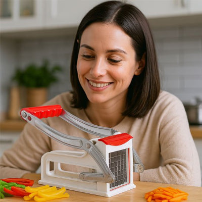 une personne contente d'avoir utilié le coupe frite
